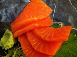 Yummy salmon sashimi with wasabi